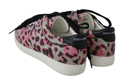 Zapatillas planas de entrenamiento de piel con estampado de leopardo rosa Dolce & Gabbana
