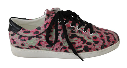 Zapatillas planas de entrenamiento de piel con estampado de leopardo rosa Dolce & Gabbana