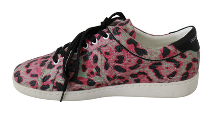 Zapatillas planas de entrenamiento de piel con estampado de leopardo rosa Dolce & Gabbana