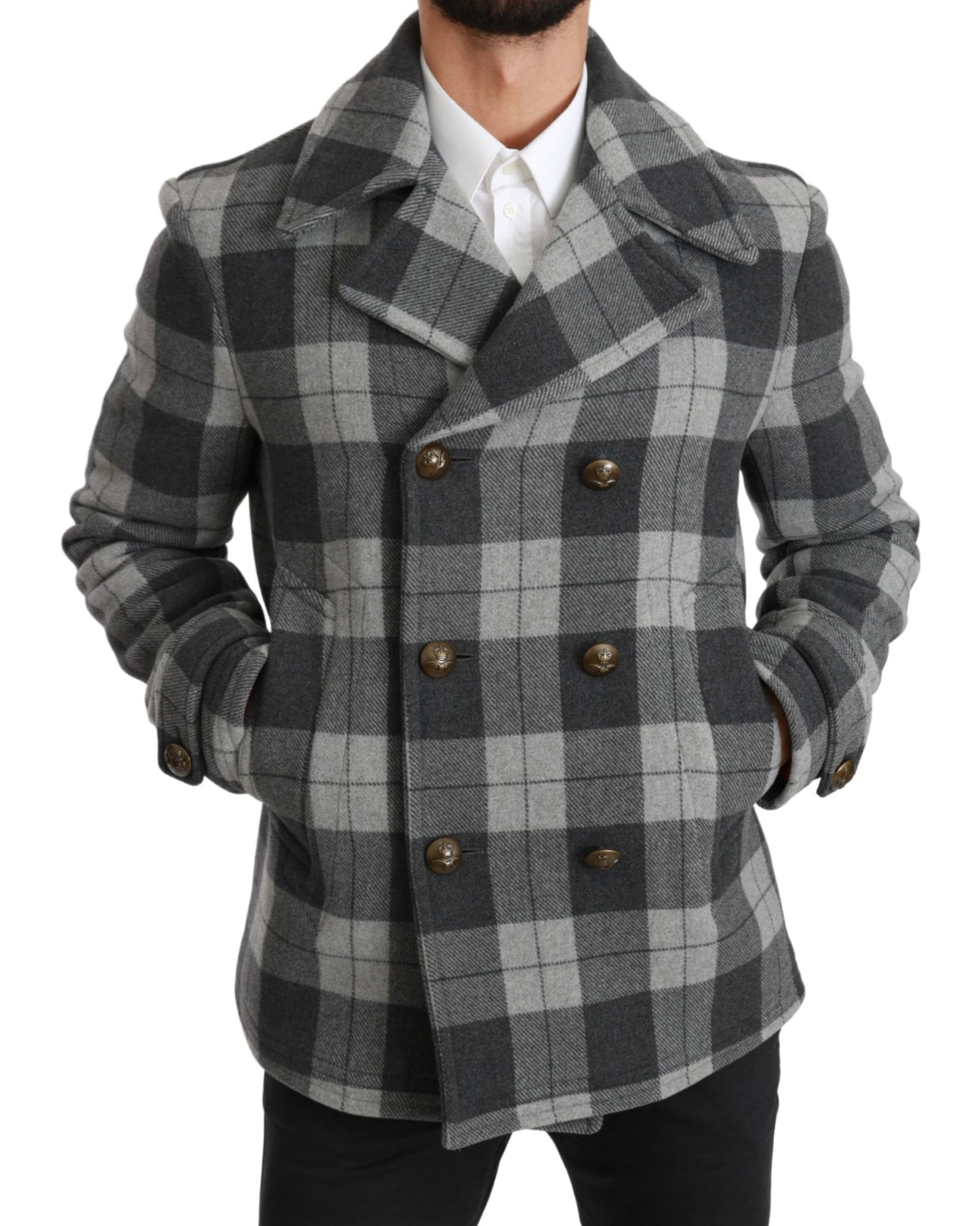 Manteau Veste Dolce & Gabbana en Laine et Cachemire à Carreaux Gris