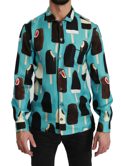 Chemise décontractée Dolce & Gabbana en soie bleue imprimé crème glacée