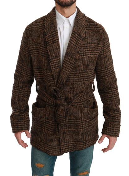 Manteau peignoir croisé en laine à carreaux marron Dolce & Gabbana