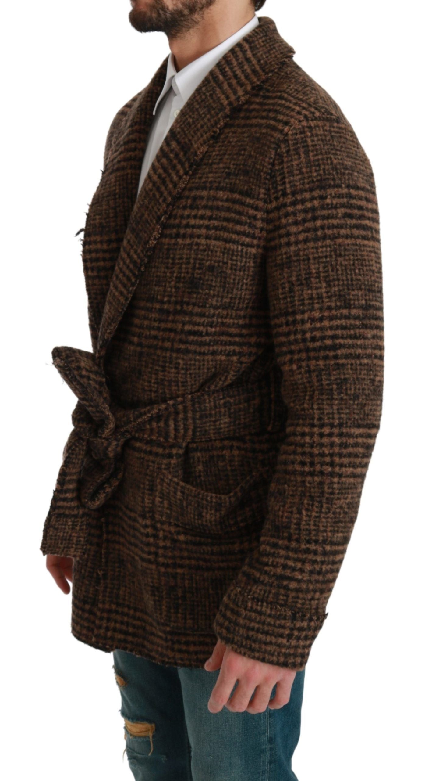 Manteau peignoir croisé en laine à carreaux marron Dolce & Gabbana