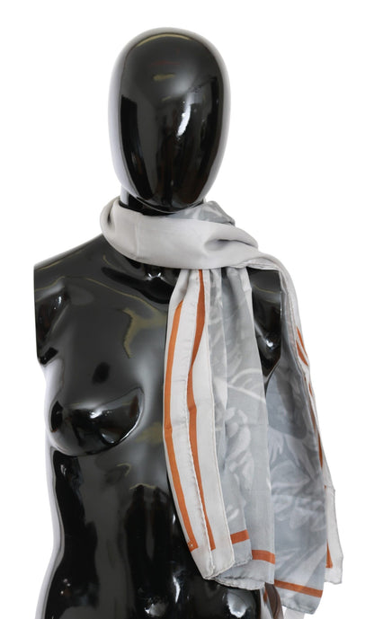 Costume National Gray Red Silk Shawl Foulard Wrap Scarf
