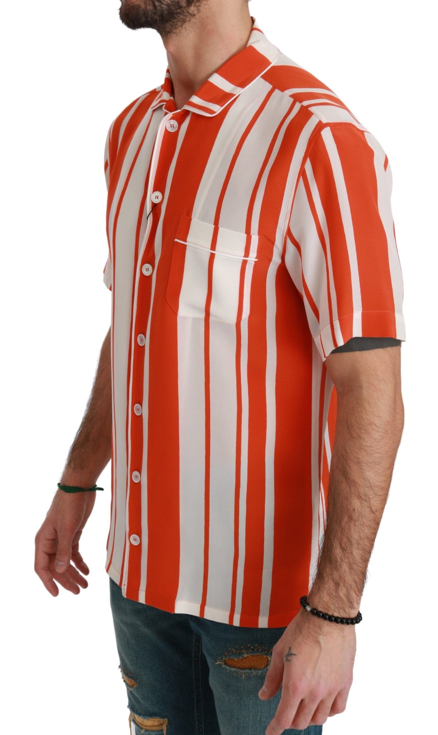 Chemise blanche à rayures Dolce & Gabbana en soie orange à manches courtes