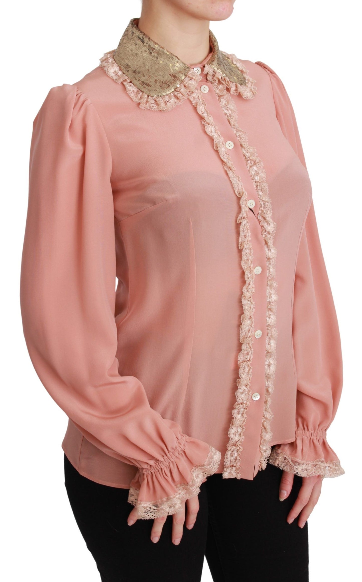 Blusa camisa de seda rosa con lentejuelas doradas y encaje Dolce & Gabbana
