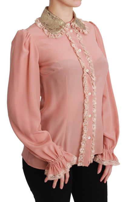 Blusa camisa de seda rosa con lentejuelas doradas y encaje Dolce & Gabbana