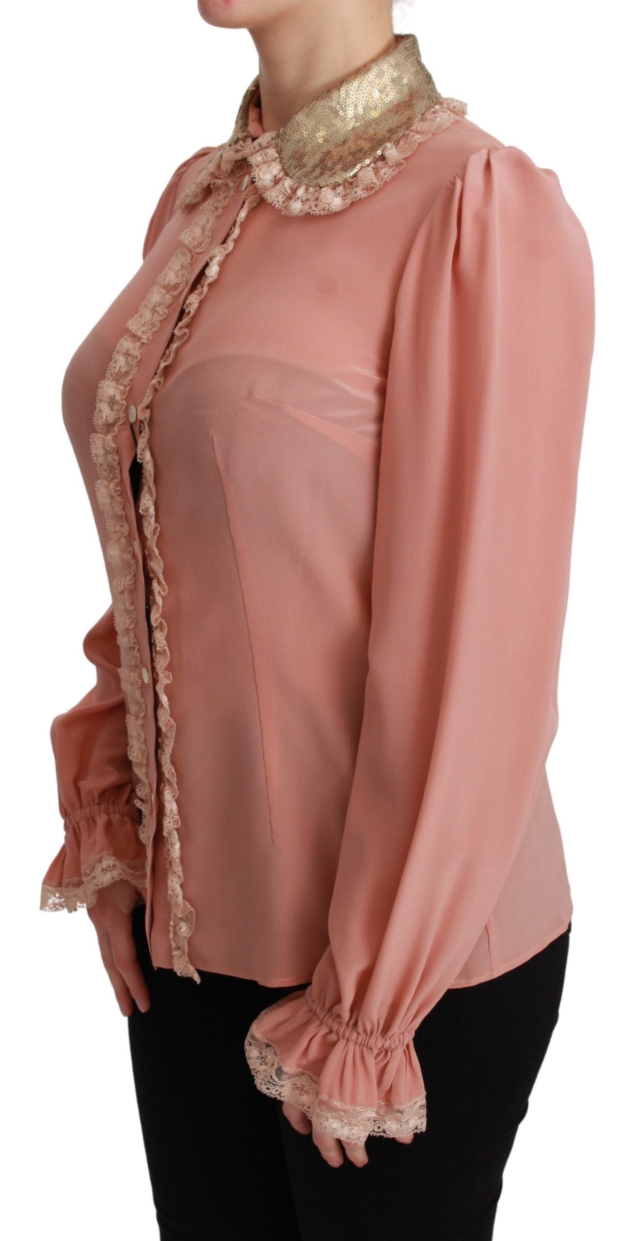 Blusa camisa de seda rosa con lentejuelas doradas y encaje Dolce & Gabbana