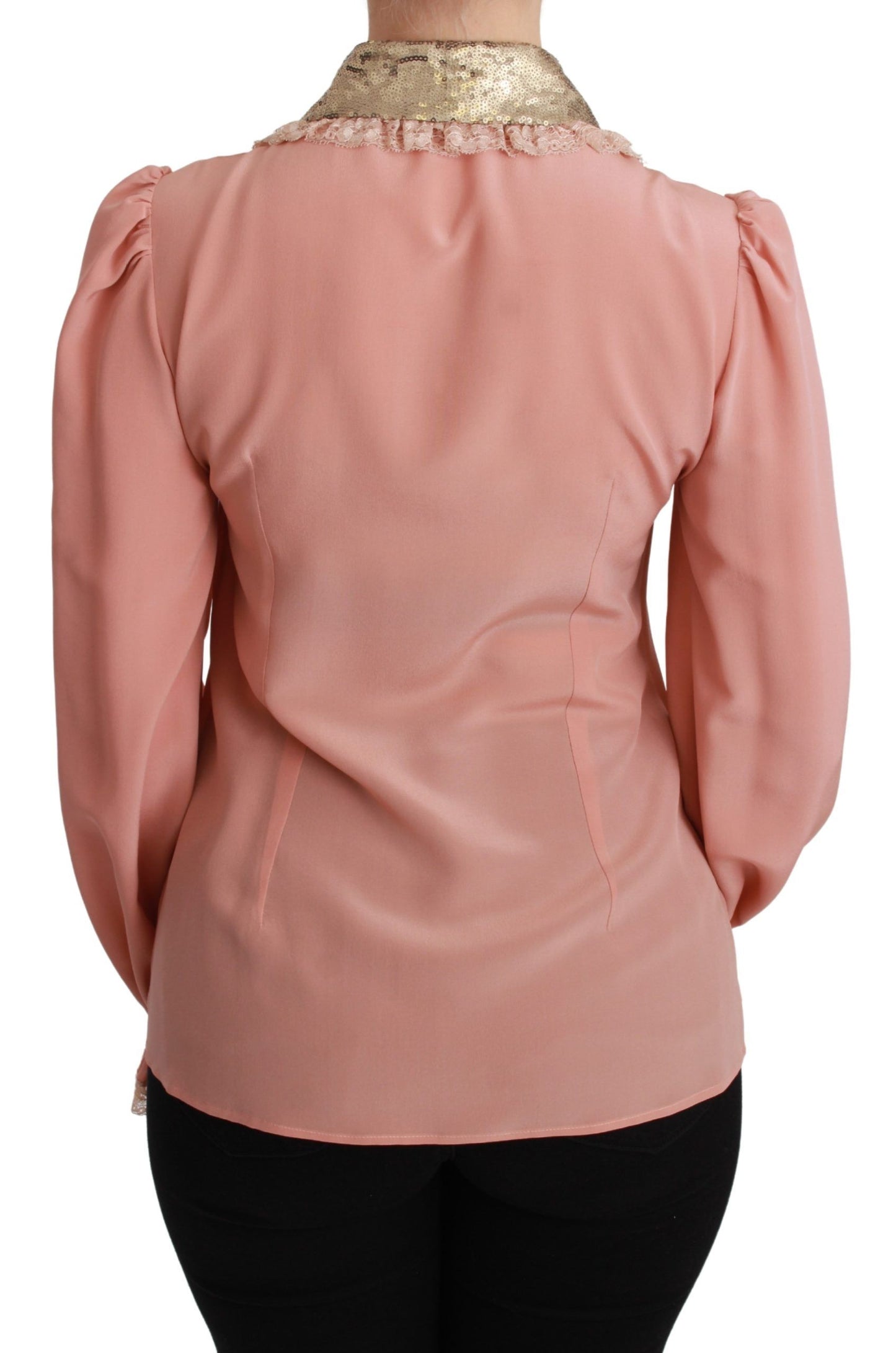 Blusa camisa de seda rosa con lentejuelas doradas y encaje Dolce & Gabbana