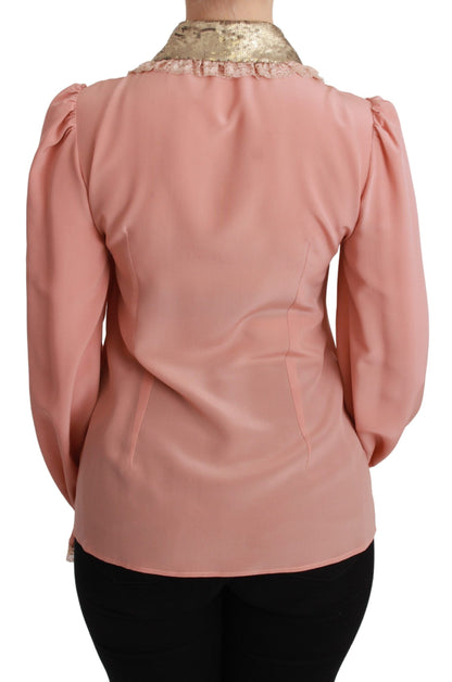 Blusa camisa de seda rosa con lentejuelas doradas y encaje Dolce & Gabbana