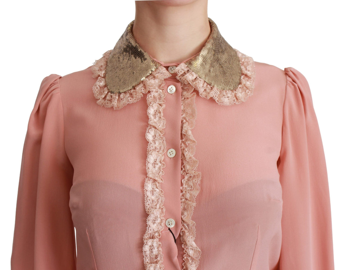 Blusa camisa de seda rosa con lentejuelas doradas y encaje Dolce & Gabbana