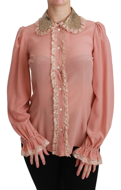 Blusa camisa de seda rosa con lentejuelas doradas y encaje Dolce & Gabbana