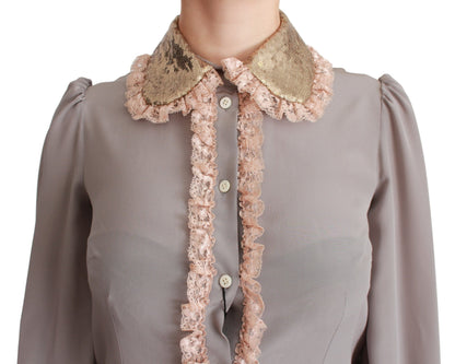 Chemisier en soie grise Dolce & Gabbana avec dentelle à sequins dorés