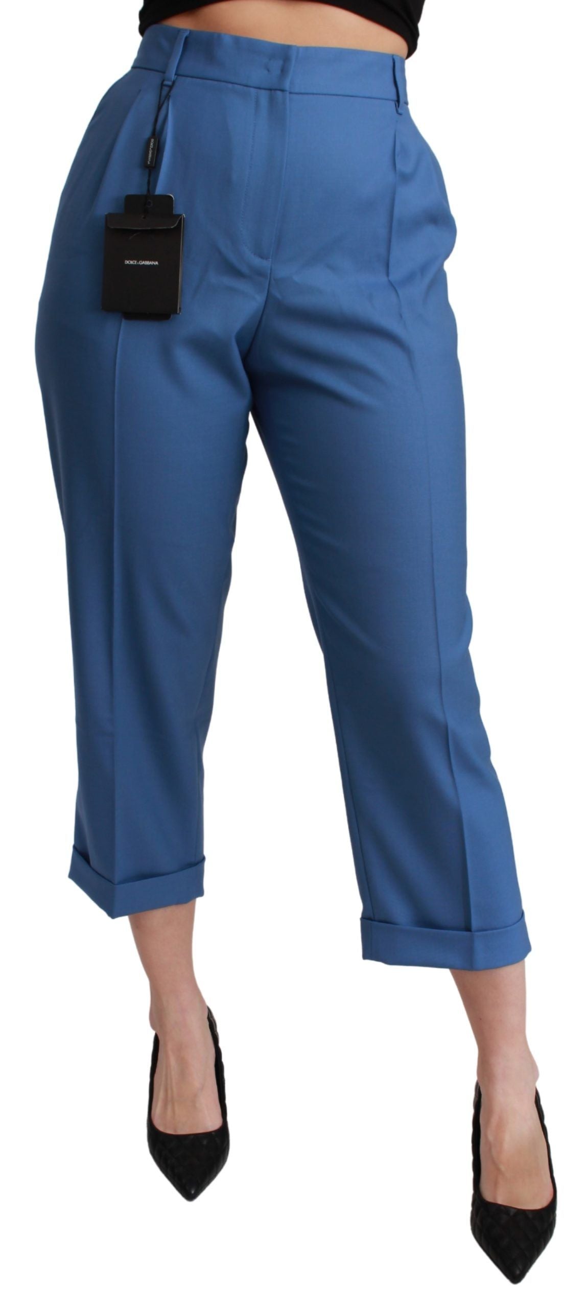 Pantalon plissé en laine, coupe courte, revers, bleu, Dolce & Gabbana