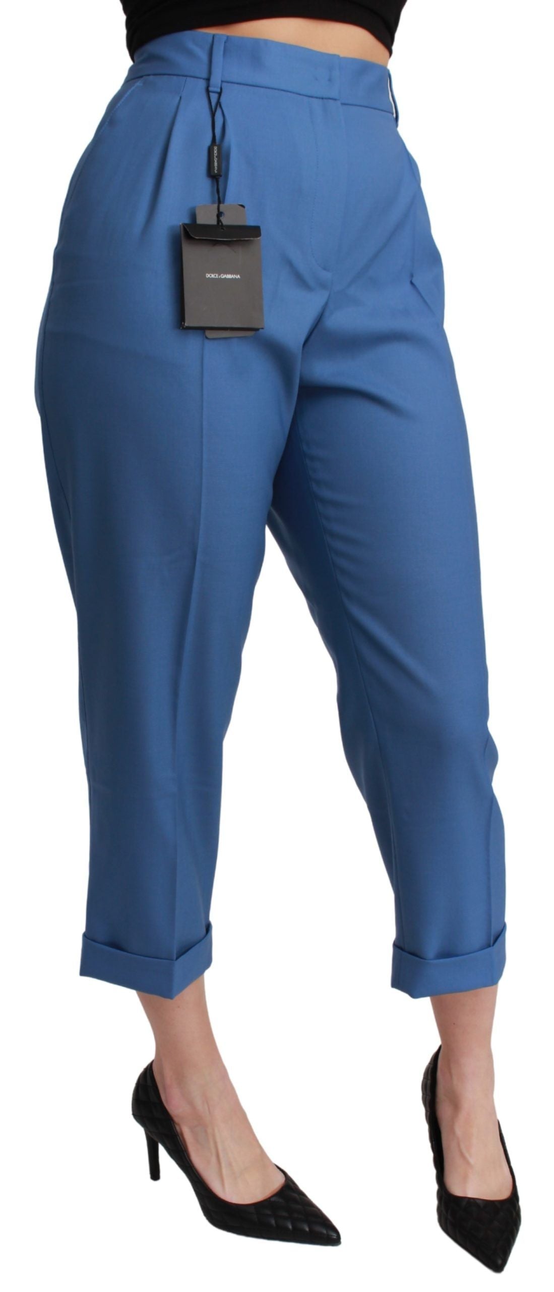 Pantalon plissé en laine, coupe courte, revers, bleu, Dolce & Gabbana