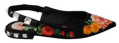 Chaussures plates à bride arrière noires à fleurs et cristaux Dolce & Gabbana
