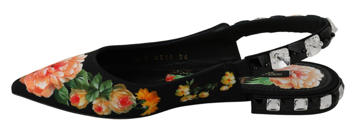 Zapatos planos destalonados Dolce & Gabbana negros con cristales florales