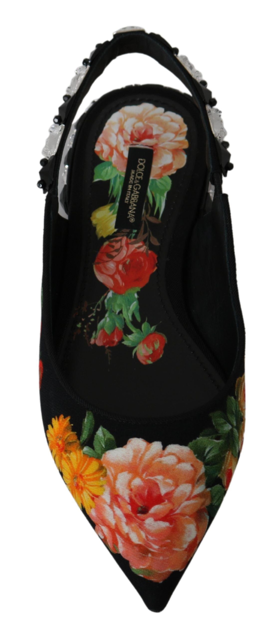 Chaussures plates à bride arrière noires à fleurs et cristaux Dolce & Gabbana