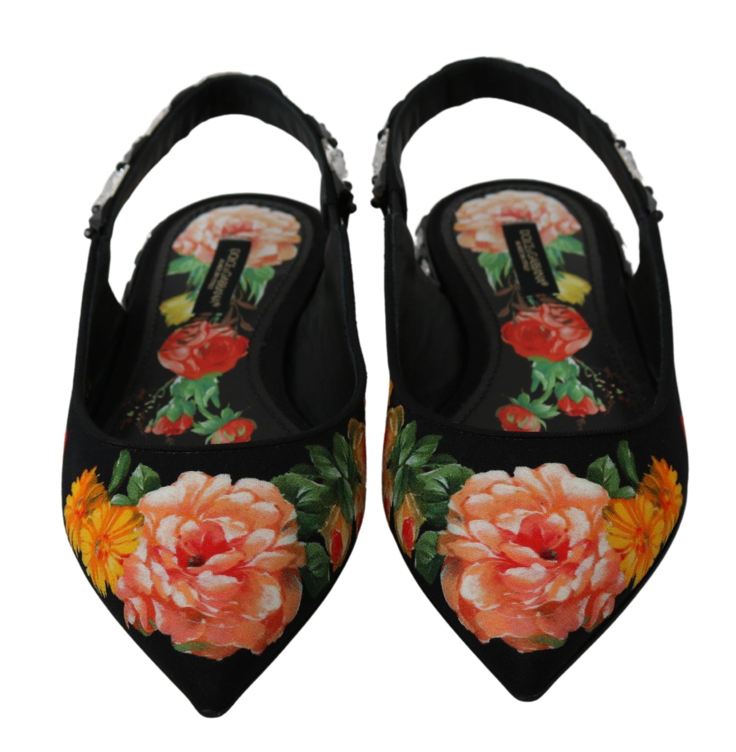 Chaussures plates à bride arrière noires à fleurs et cristaux Dolce & Gabbana