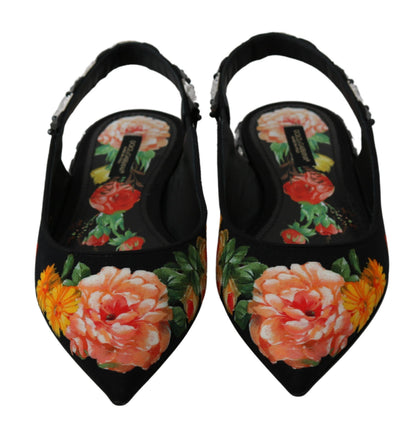 Chaussures plates à bride arrière noires à fleurs et cristaux Dolce & Gabbana