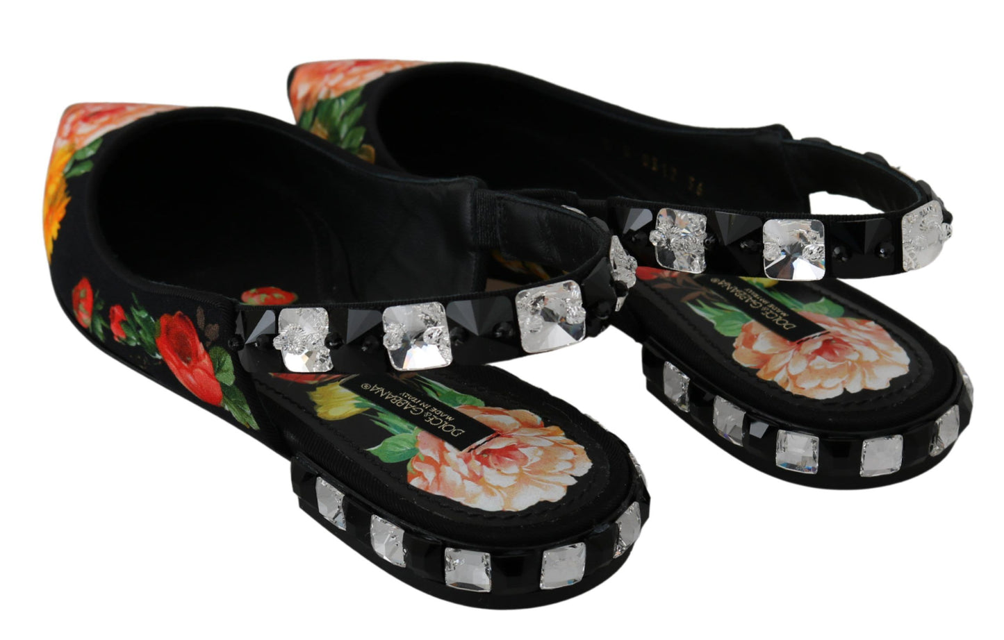 Chaussures plates à bride arrière noires à fleurs et cristaux Dolce & Gabbana