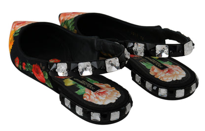 Chaussures plates à bride arrière noires à fleurs et cristaux Dolce & Gabbana