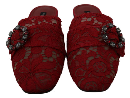 Chaussures plates Dolce & Gabbana rouges en dentelle et cristaux à enfiler