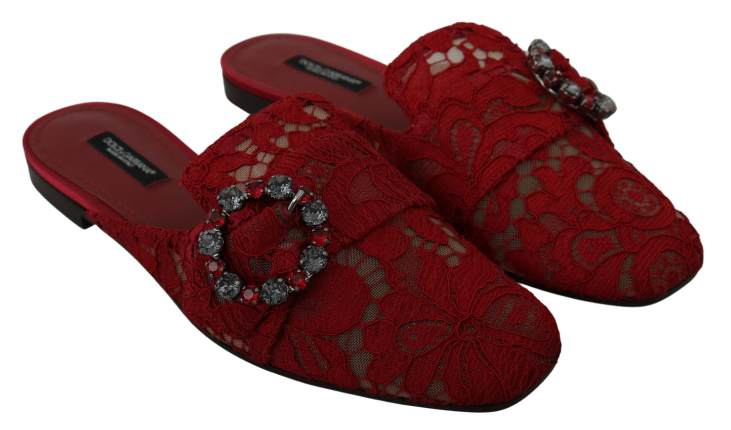 Chaussures plates Dolce & Gabbana rouges en dentelle et cristaux à enfiler