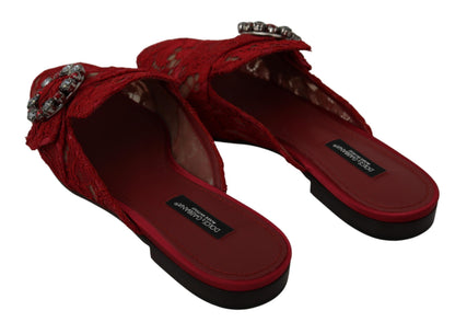 Chaussures plates Dolce & Gabbana rouges en dentelle et cristaux à enfiler