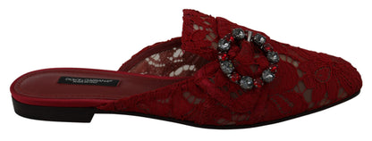 Chaussures plates Dolce & Gabbana rouges en dentelle et cristaux à enfiler