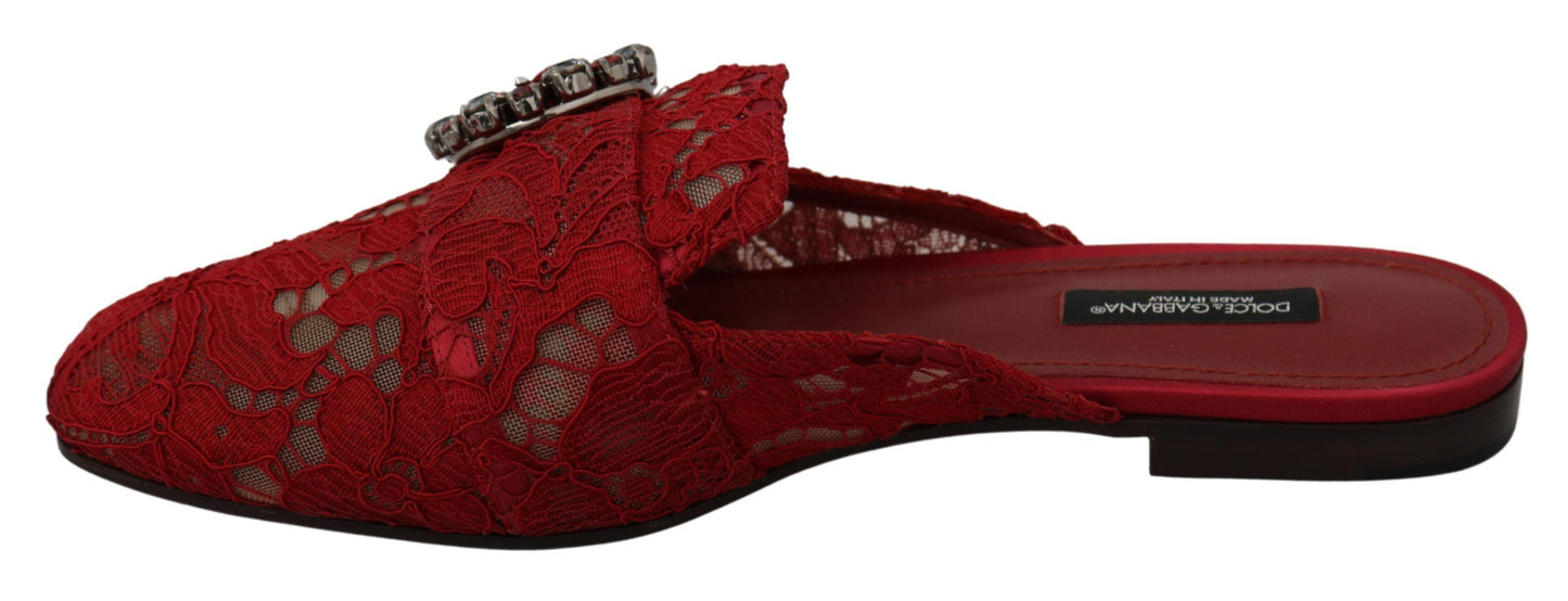 Chaussures plates Dolce & Gabbana rouges en dentelle et cristaux à enfiler