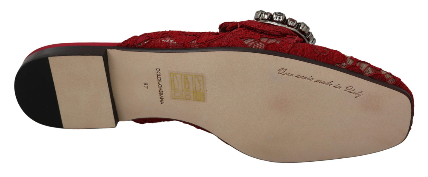 Chaussures plates Dolce & Gabbana rouges en dentelle et cristaux à enfiler
