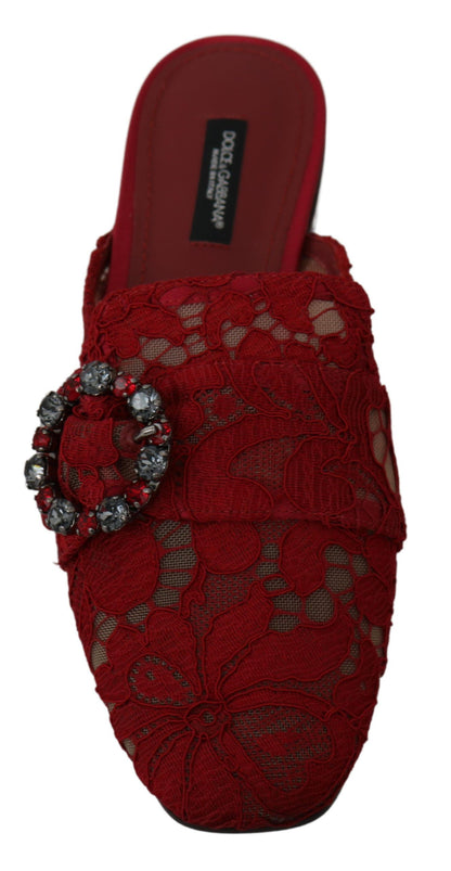 Chaussures plates Dolce & Gabbana rouges en dentelle et cristaux à enfiler