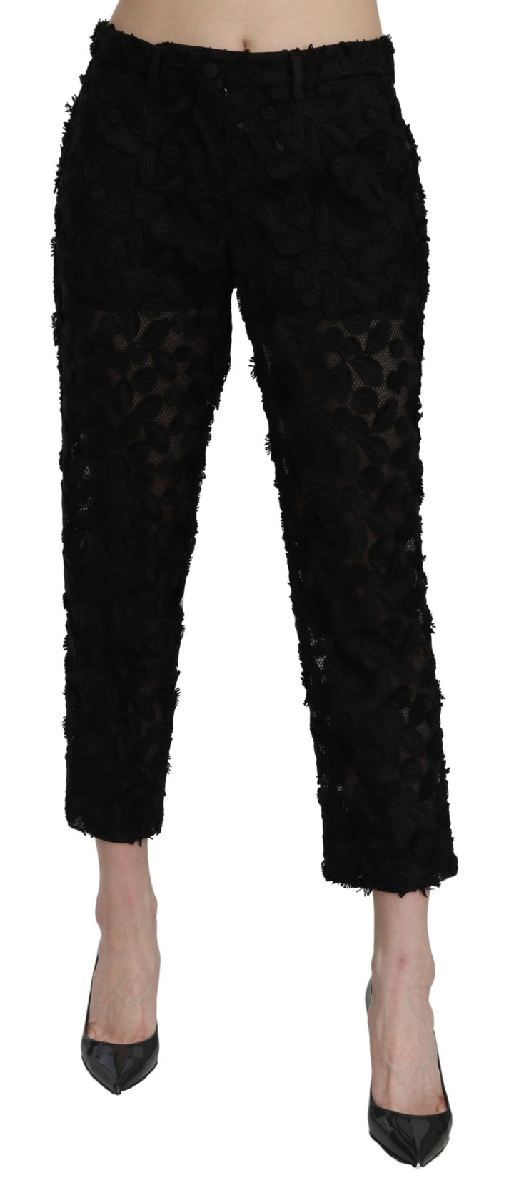 Pantalones rectos negros de encaje de talle alto y corte capri de Dolce & Gabbana