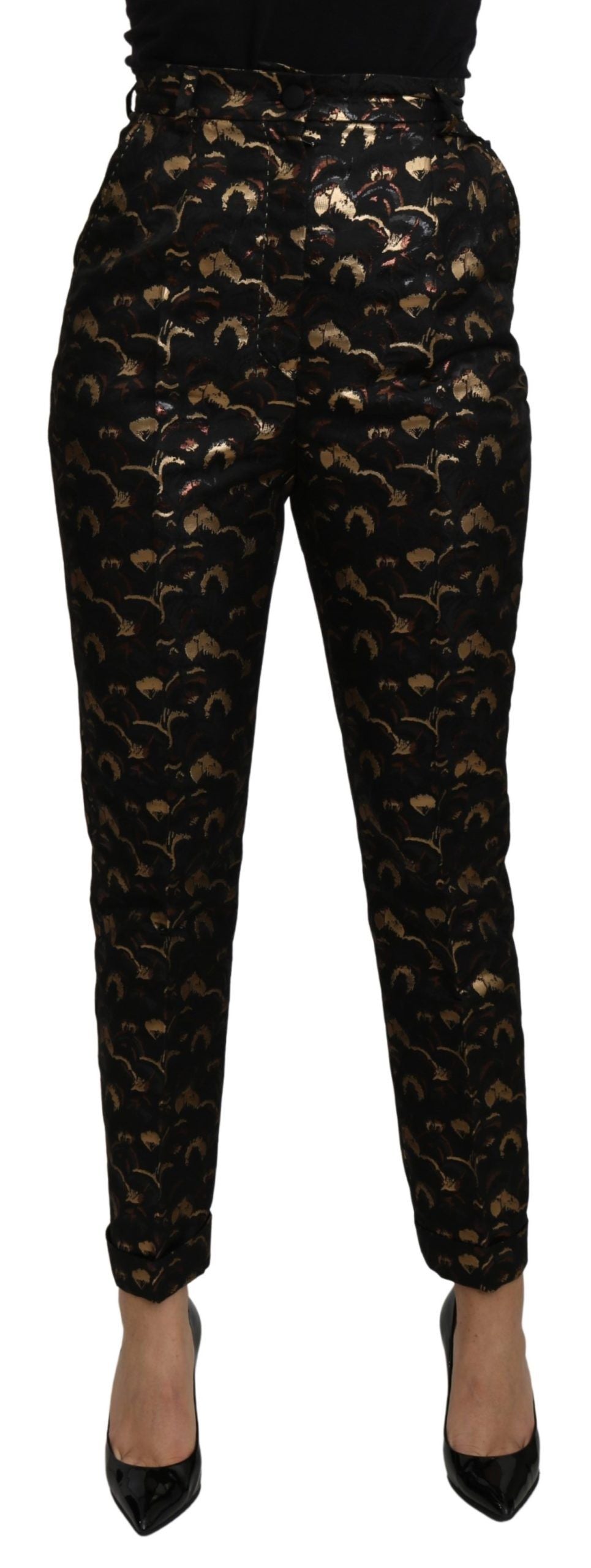 Pantalon taille haute en brocart or noir Dolce & Gabbana
