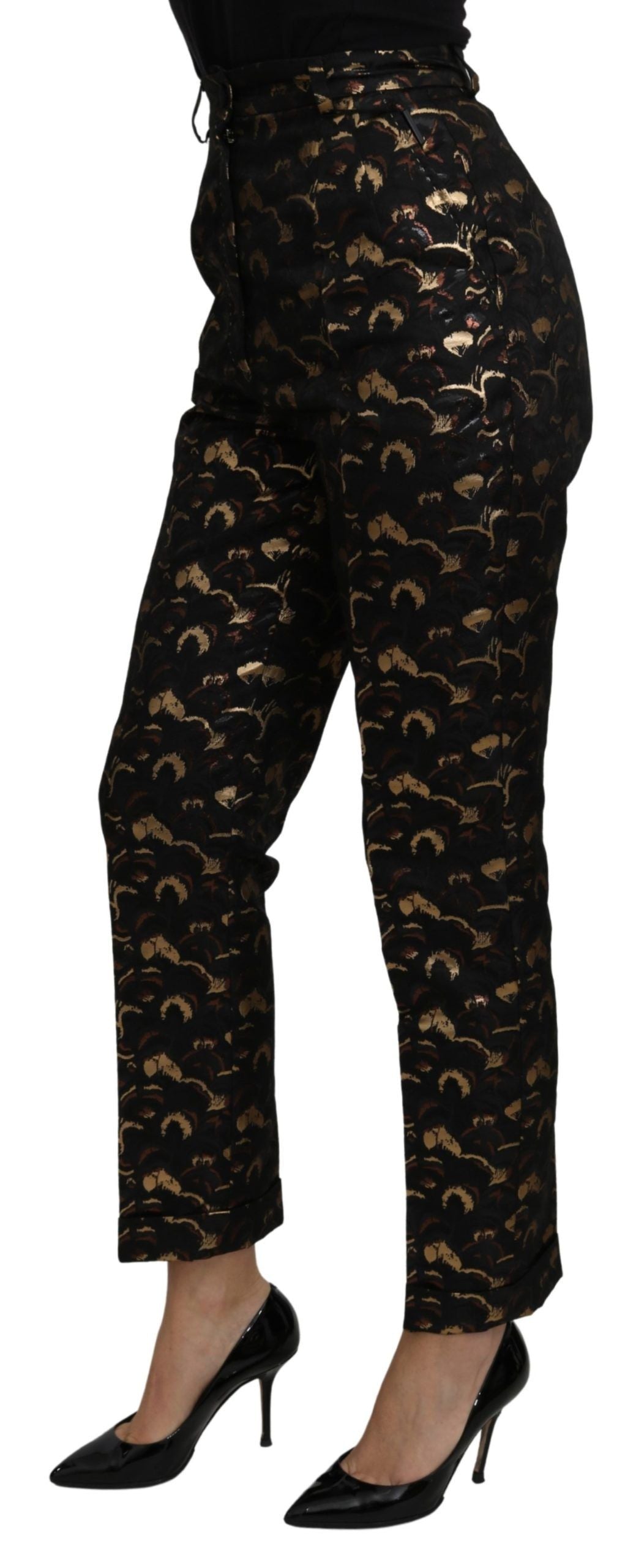 Pantalon taille haute en brocart or noir Dolce & Gabbana