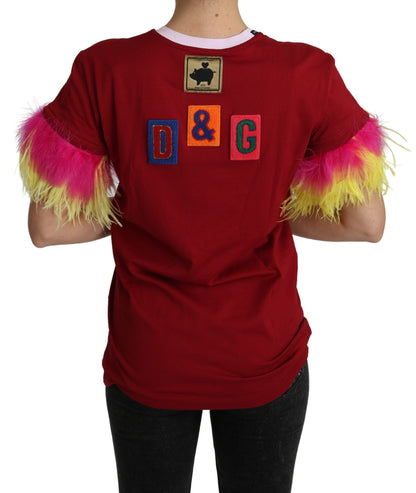 T-shirt Dolce & Gabbana rouge à imprimé cochon et manches à plumes