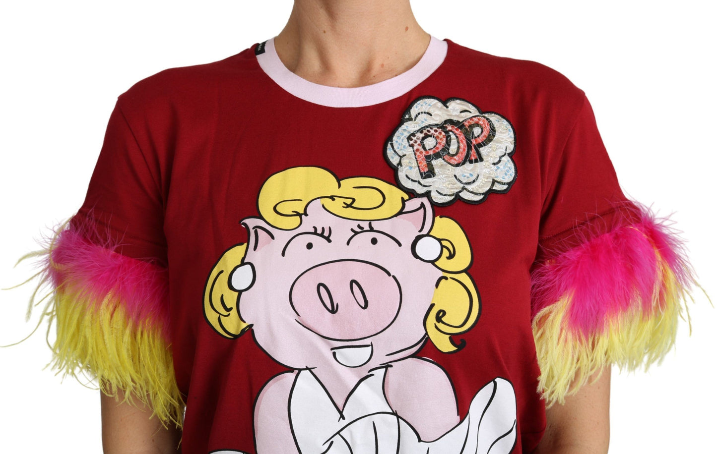 T-shirt Dolce & Gabbana rouge à imprimé cochon et manches à plumes