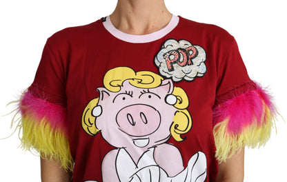 T-shirt Dolce & Gabbana rouge à imprimé cochon et manches à plumes