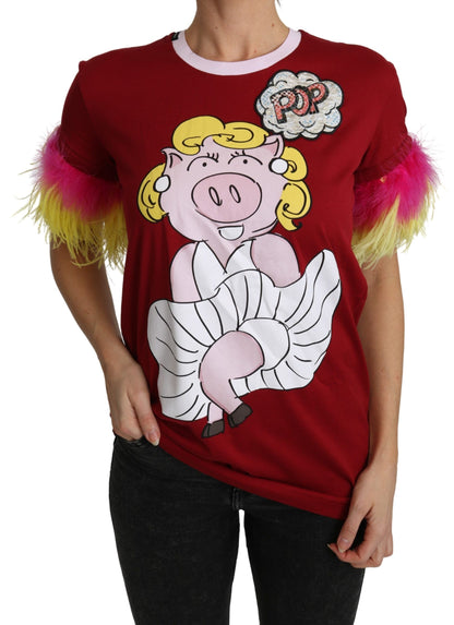 T-shirt Dolce & Gabbana rouge à imprimé cochon et manches à plumes