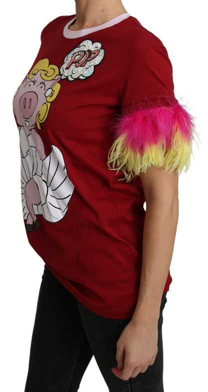 T-shirt Dolce & Gabbana rouge à imprimé cochon et manches à plumes