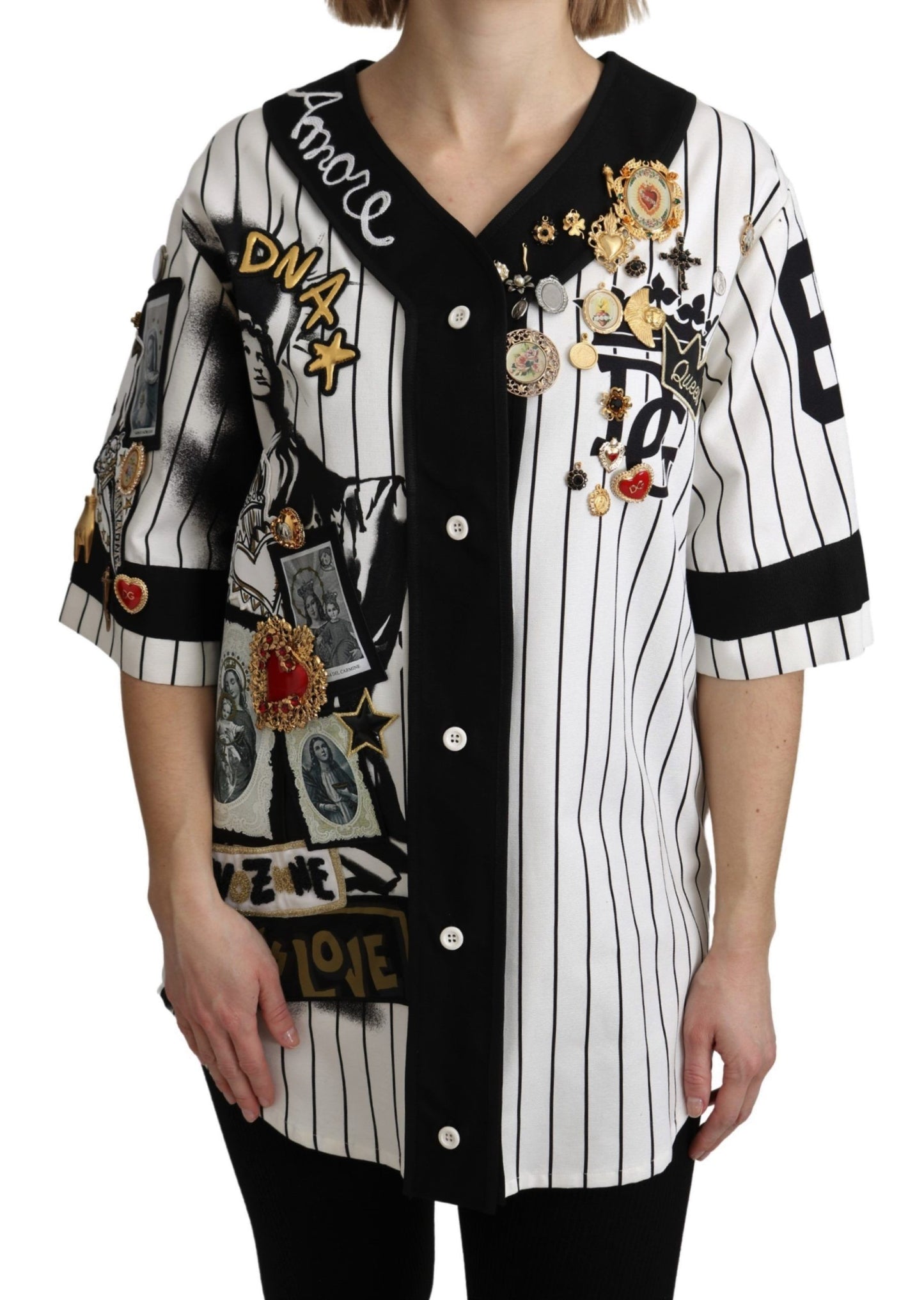 Chemisier Dolce & Gabbana blanc et noir en coton à breloques en cristal Amore