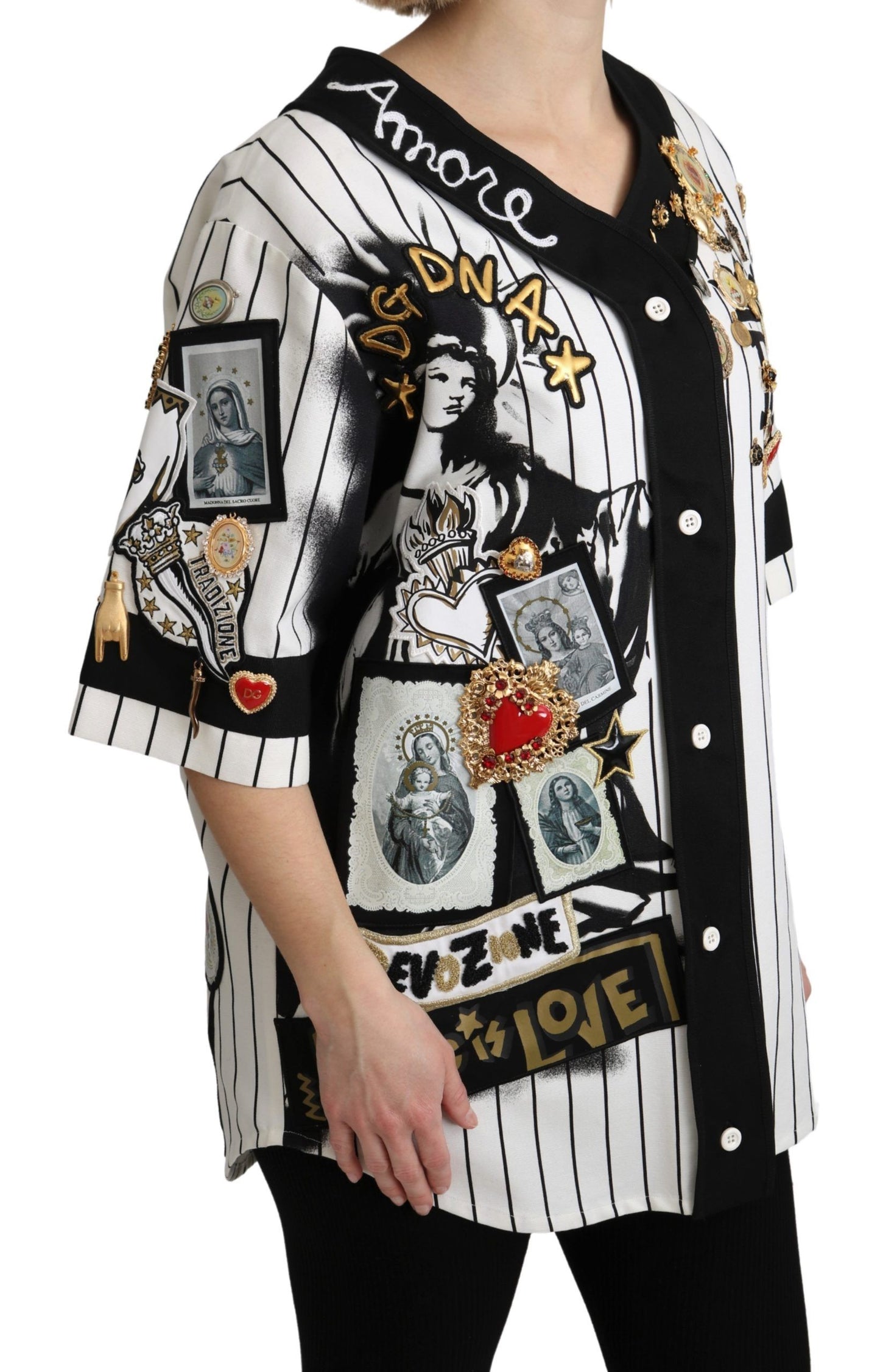 Chemisier Dolce & Gabbana blanc et noir en coton à breloques en cristal Amore