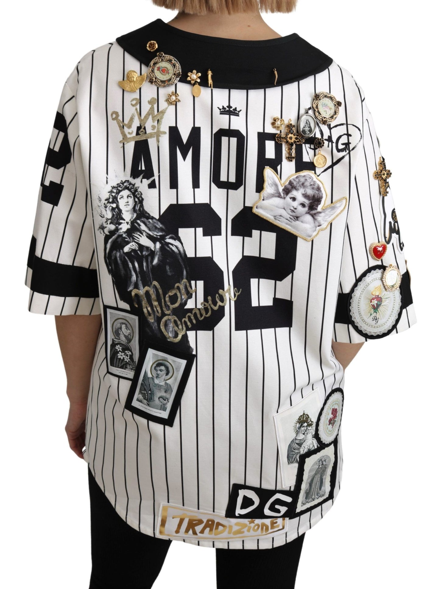 Chemisier Dolce & Gabbana blanc et noir en coton à breloques en cristal Amore