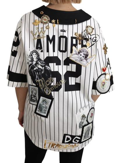 Chemisier Dolce & Gabbana blanc et noir en coton à breloques en cristal Amore