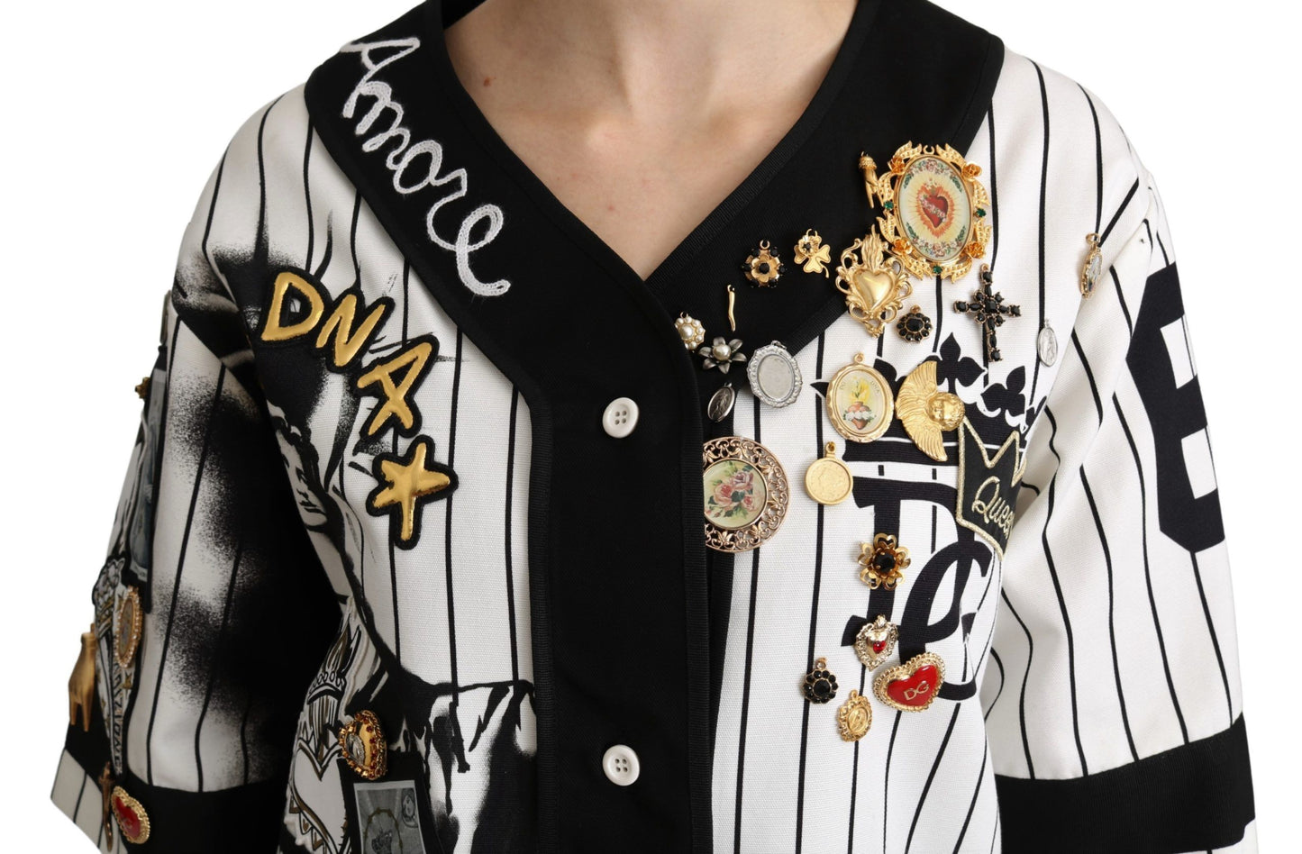 Chemisier Dolce & Gabbana blanc et noir en coton à breloques en cristal Amore