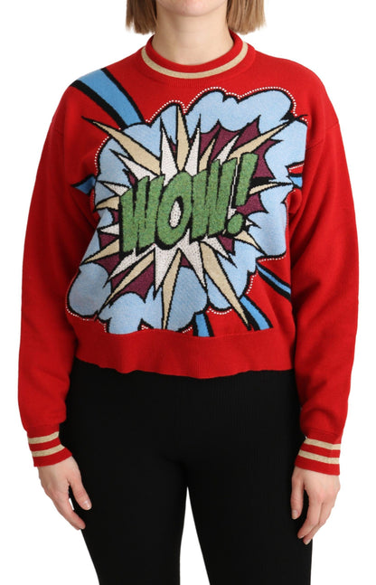 Pull en cachemire rouge tricoté Dolce & Gabbana avec motif de dessin animé
