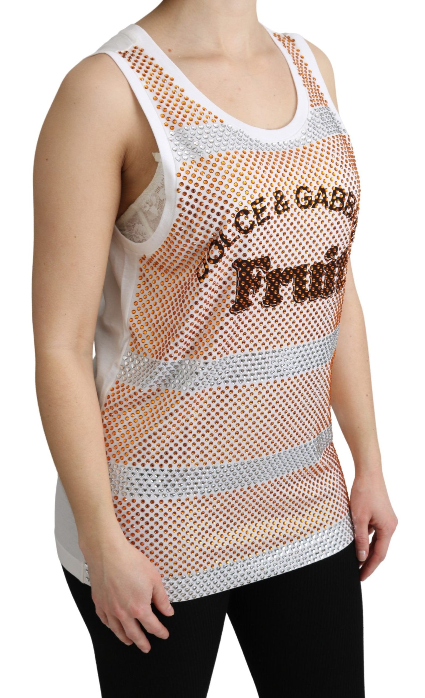 Débardeur Dolce & Gabbana en coton blanc orné de cristaux oranges