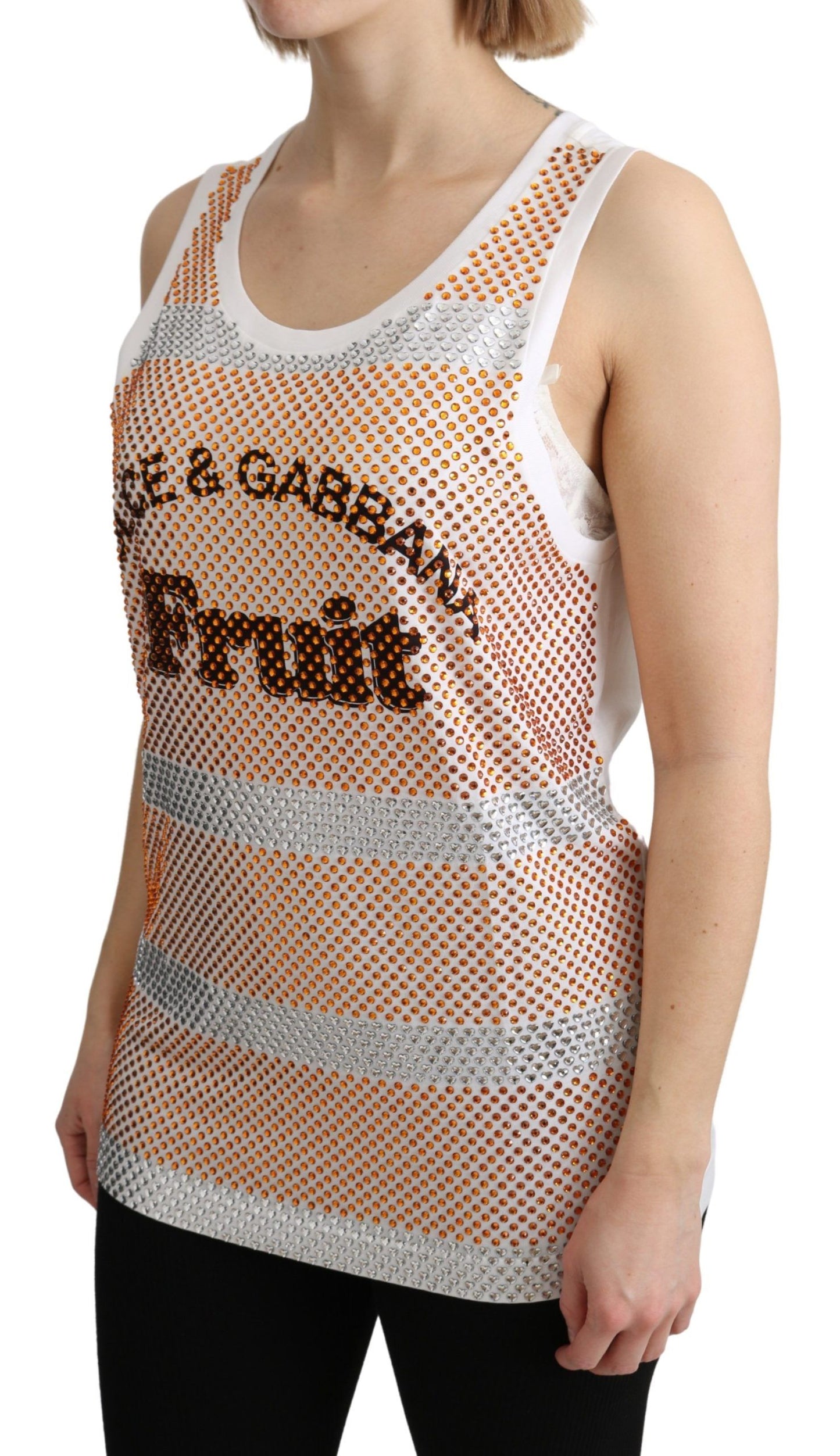 Débardeur Dolce & Gabbana en coton blanc orné de cristaux oranges