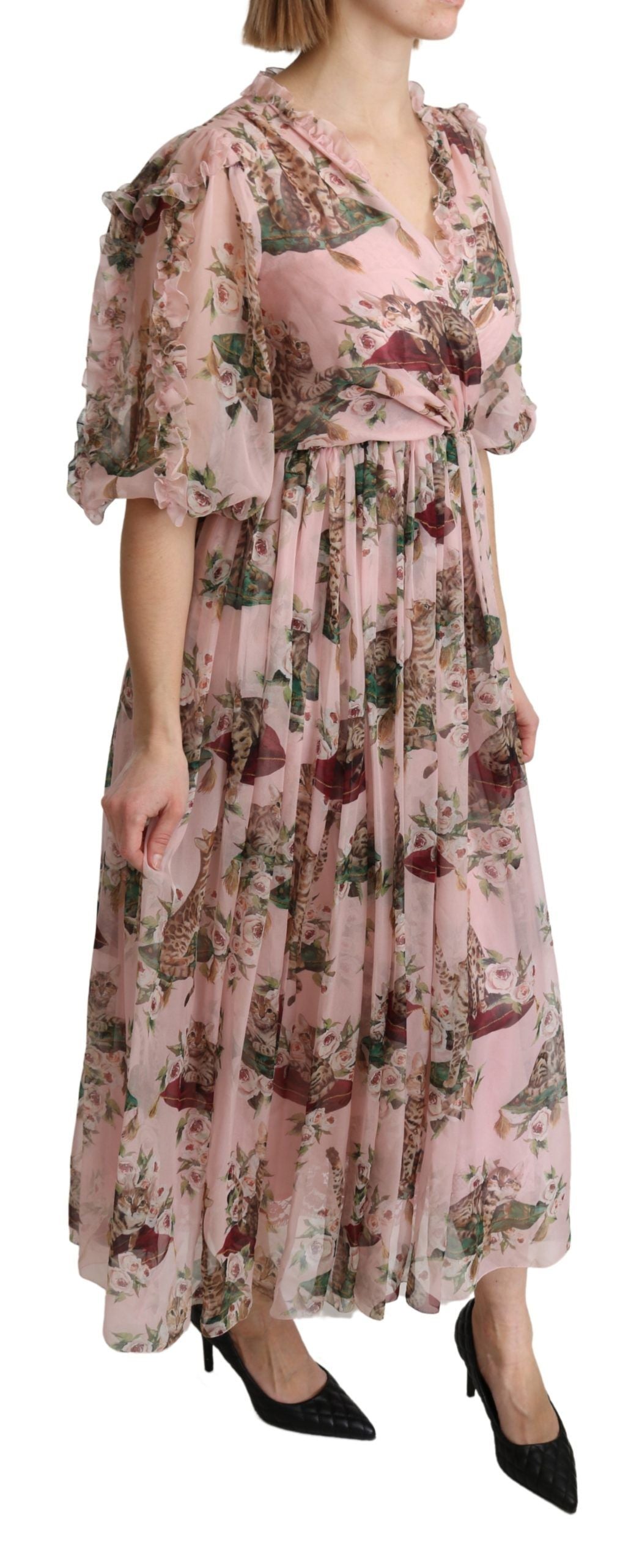 Robe longue trapèze en soie imprimé chat du Bengale rose Dolce & Gabbana